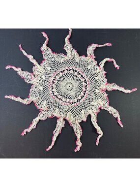 Vintage Handmade Crochet Sunburst Design Beige and Pink Doily
